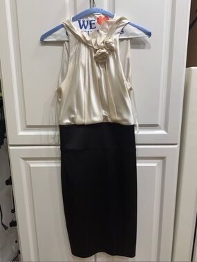 BCBGMaxAzria Ivory and Black Sleeveless Sheath Dress with Rosette Detail
